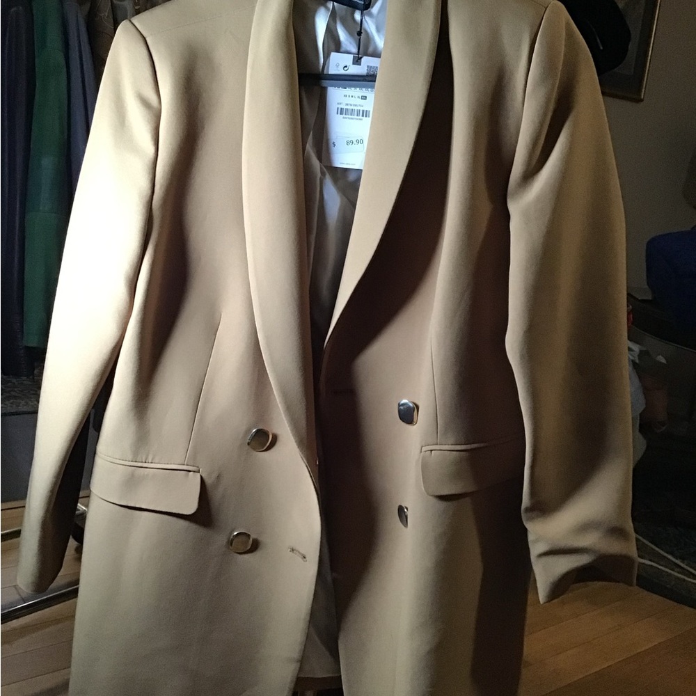 Stylish Tan Blazer with Silver Buttons Zara Long Length Double Breasted